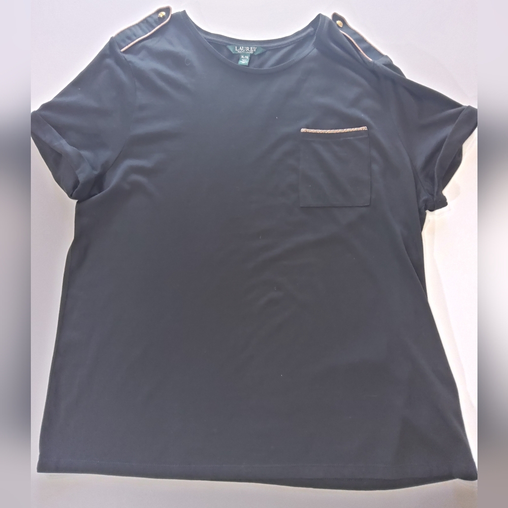 Lauren Ralph Lauren Top Womens XL Black Pocket Tee Epaulet 90s Designer Blouse